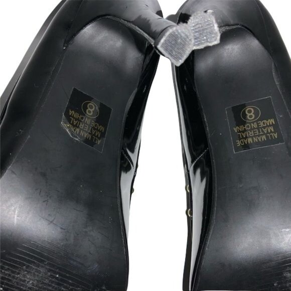 Black Patent Leather Pointed-Toe Heels With Gold Studded Trim & Metallic Cap Toe - Picture 5 of 5